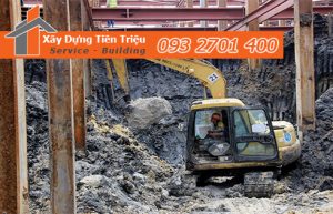 Thi công đào đất tầng hầm Quận Tân Phú bằng cơ giới.